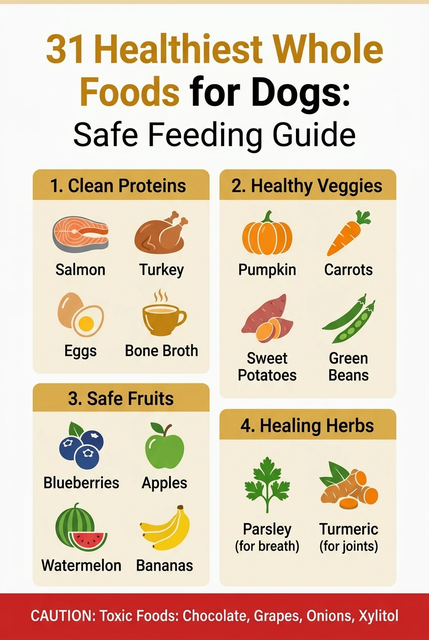 Veterinary nutrition infographic poster summarizing 31 healthiest foods for dogs with feeding categories and toxic food warnings