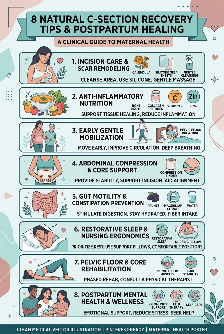 Medical scientific infographic illustrating 8 Natural C-Section Recovery Tips including incision scar remodeling, anti-inflammatory nutrition, pelvic floor rehab, and gentle mobilization