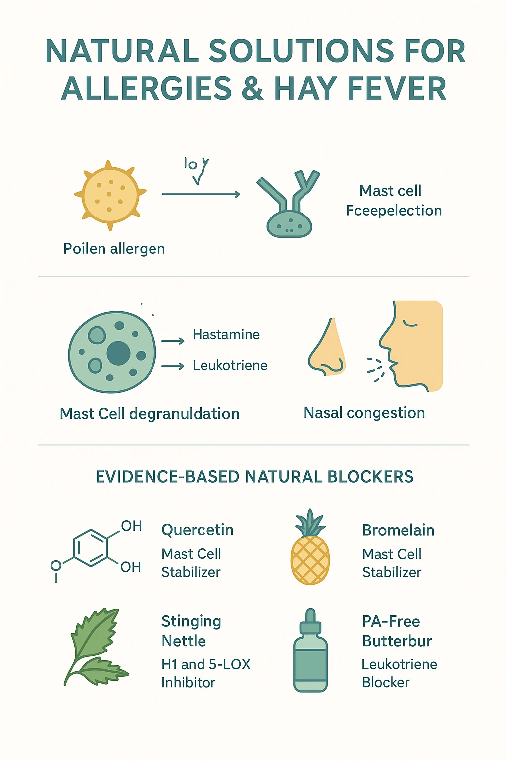 Medical scientific infographic diagram showing allergic rhinitis cascade, mast cell degranulation, histamine release, and natural blockers including Quercetin, Stinging Nettle, and PA-Free Butterbur