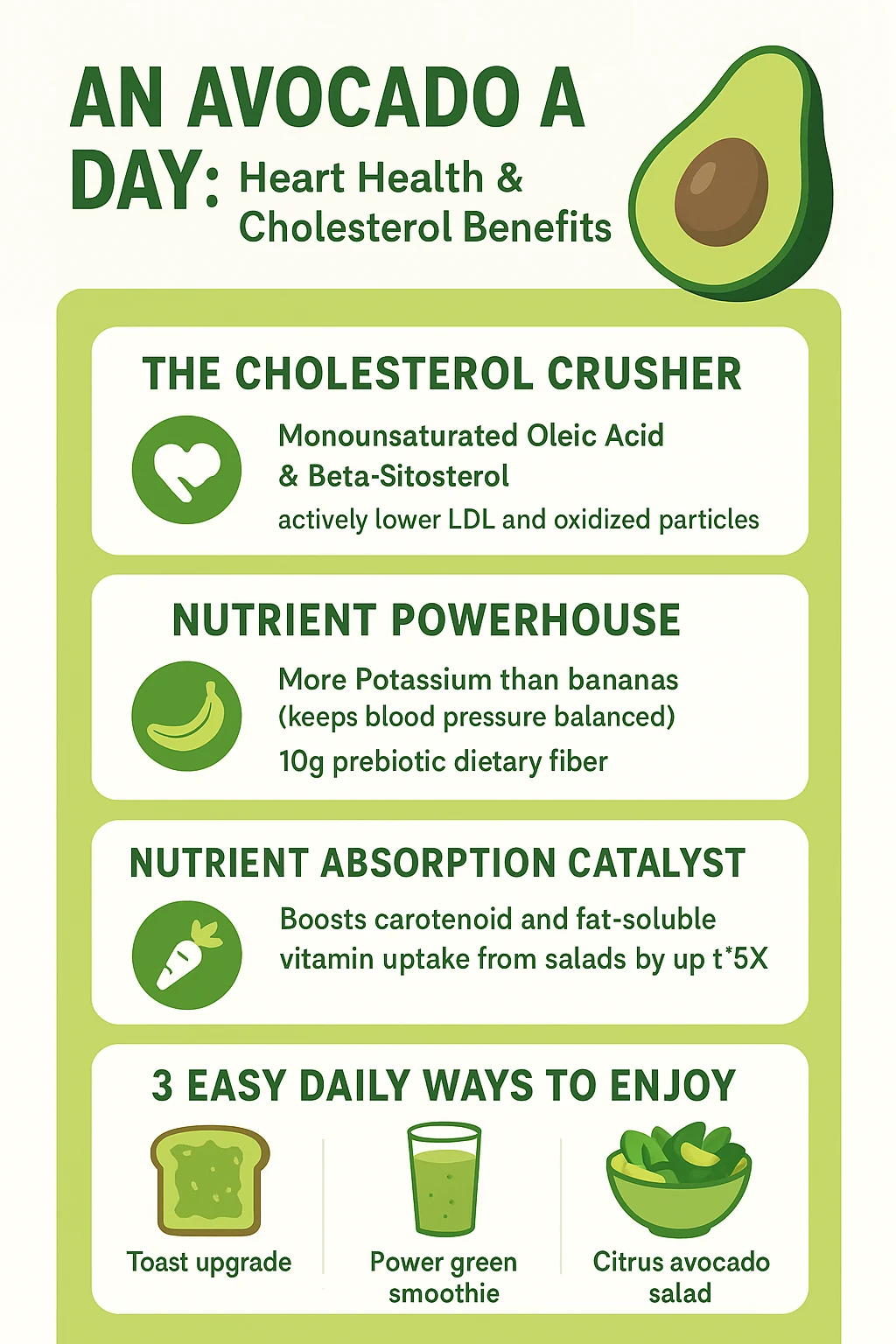 Nutritional infographic poster highlighting avocado cholesterol reduction mechanisms, heart benefits, and daily recipe ideas