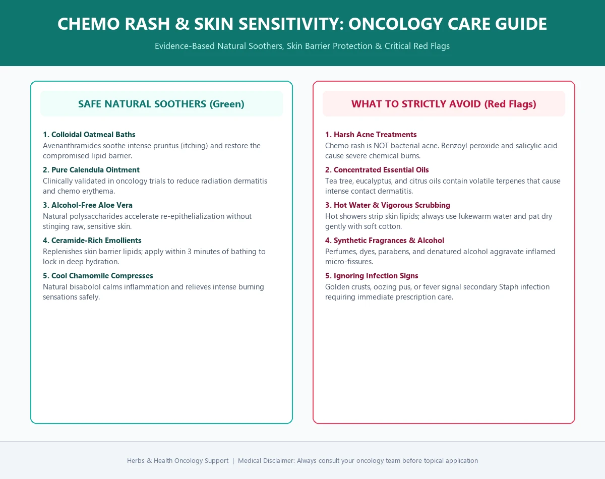Oncology care infographic showing safe natural soothers for chemo rash versus what to avoid