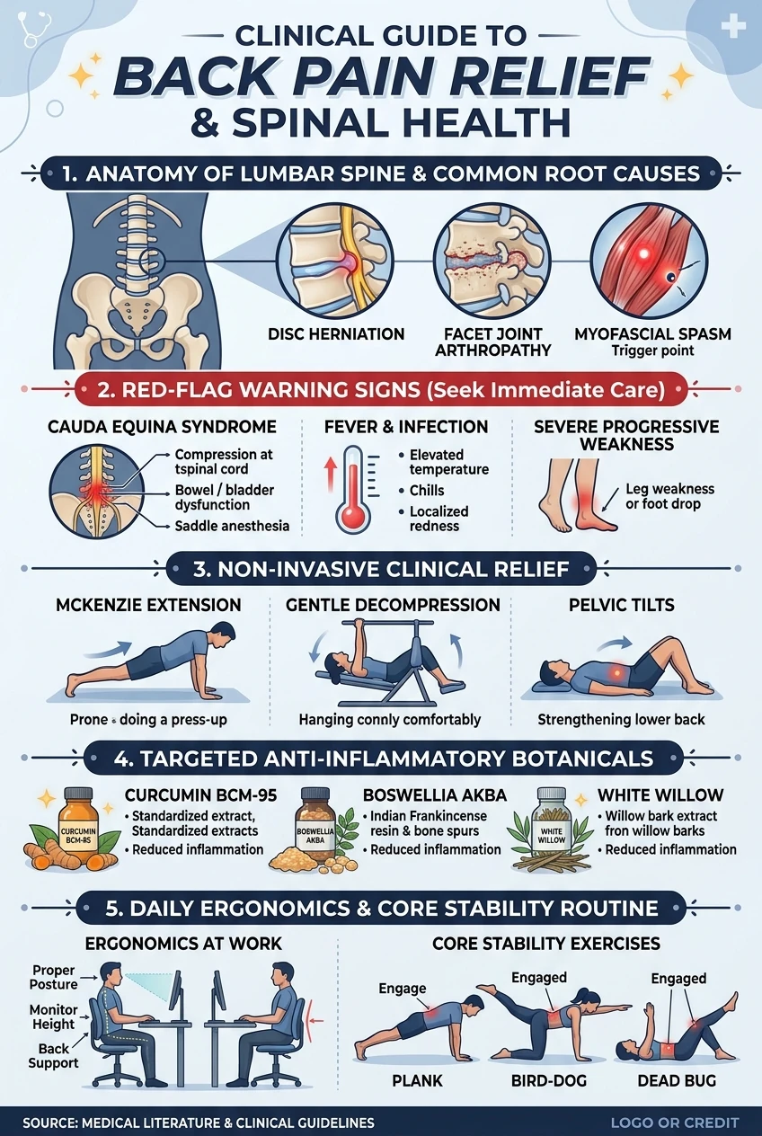 Clinical anatomical infographic illustrating back pain causes, lumbar disc herniation, red-flag symptoms, and evidence-based non-invasive recovery protocols