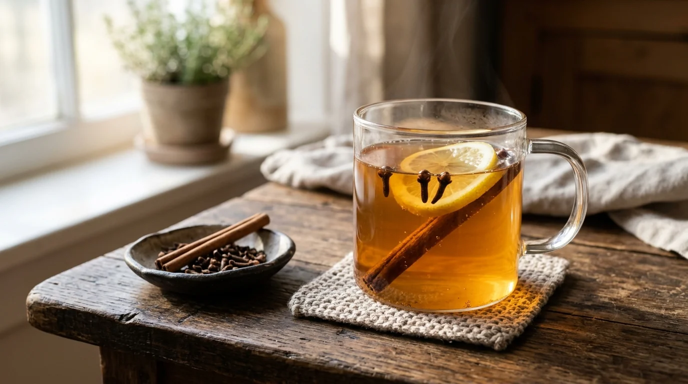 Warm clove water infusion in a clear glass cup with whole clove buds showing safe preparation methods