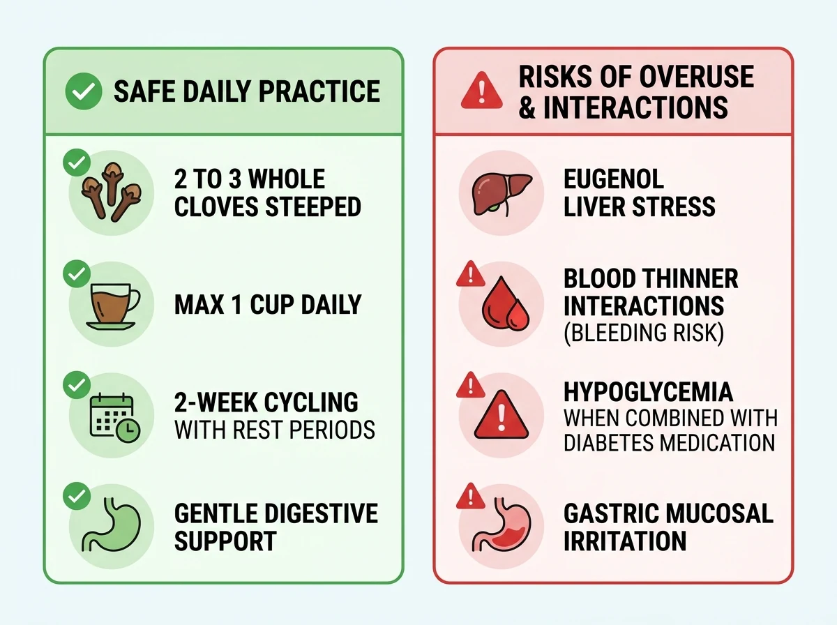 Infographic guide illustrating clove water side effects, daily dosage limits, and drug interactions with blood thinners