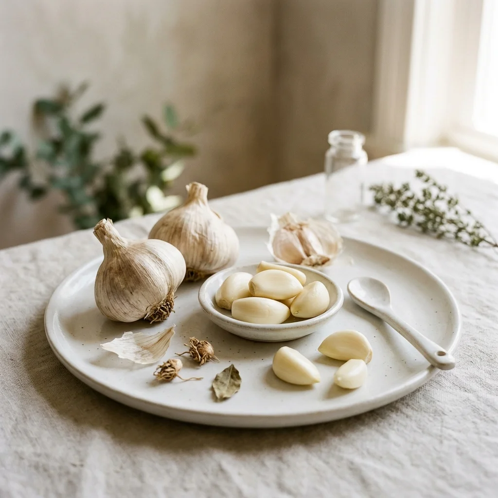 Fresh organic garlic bulb and cloves on ceramic plate for blood pressure