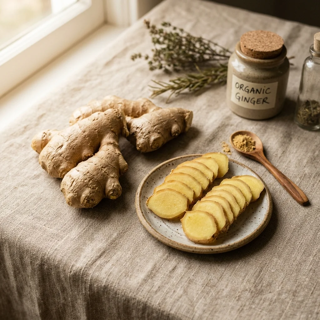 Fresh sliced ginger root on linen surface for healthy circulation