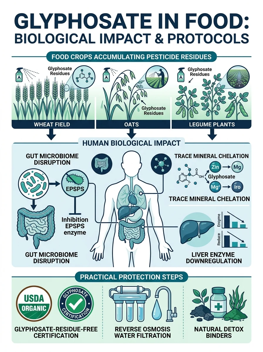 Medical scientific diagram illustrating glyphosate in food, biological impact on gut microbiome and enzymes, and detox protocols