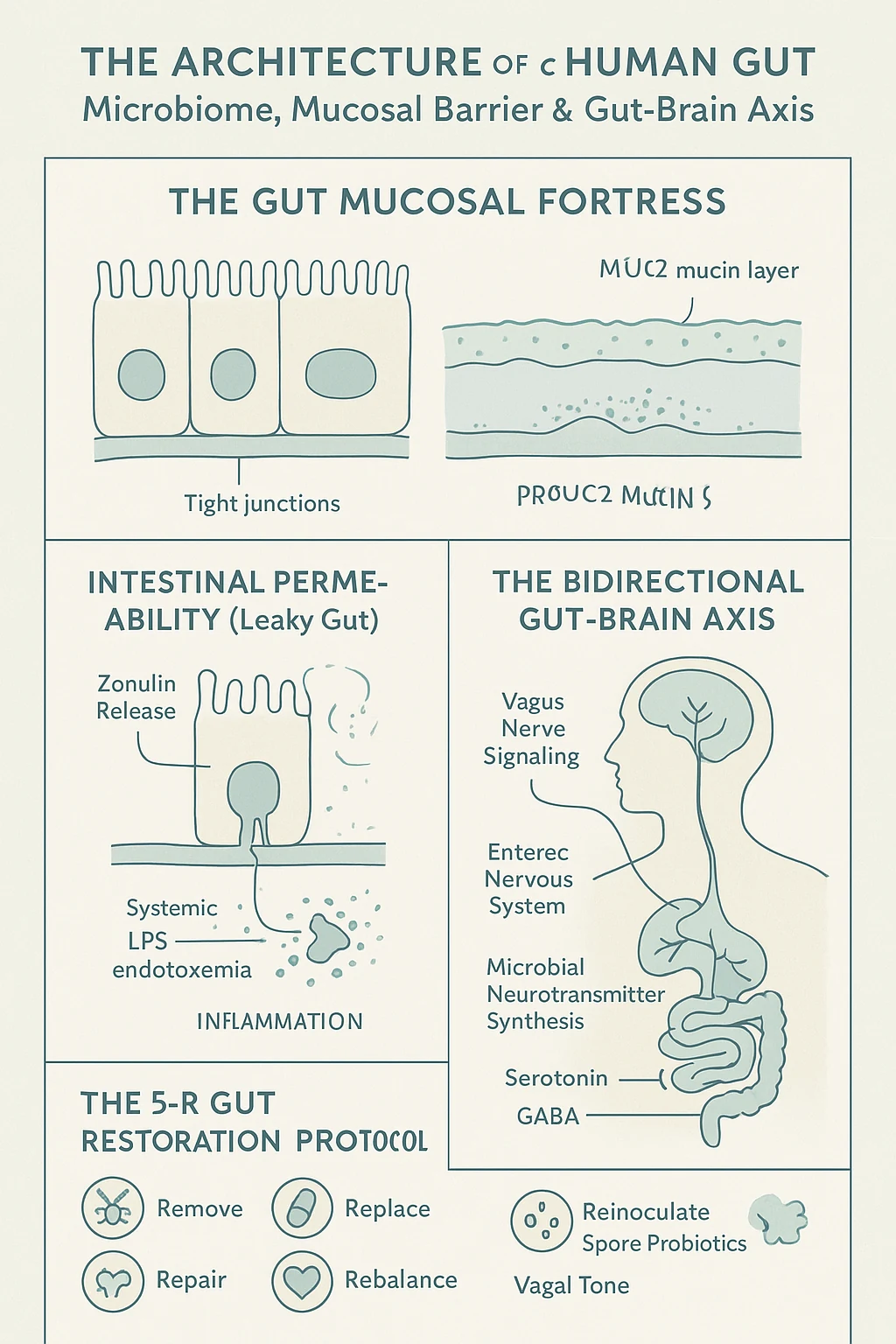 Medical scientific infographic illustrating the architecture of the human gut barrier, tight junctions, gut-brain axis, and the 5-R Gut Restoration Protocol