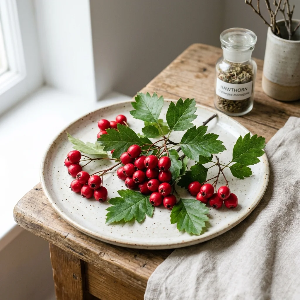 Ripe hawthorn berries and leaves on rustic plate for cardiovascular support