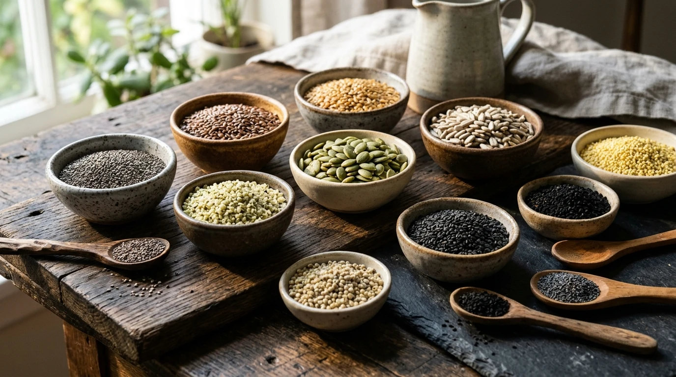 Artisanal assortment of 10 super seeds in ceramic bowls including chia, flax, hemp, pumpkin, and sesame seeds representing high protein plant foods