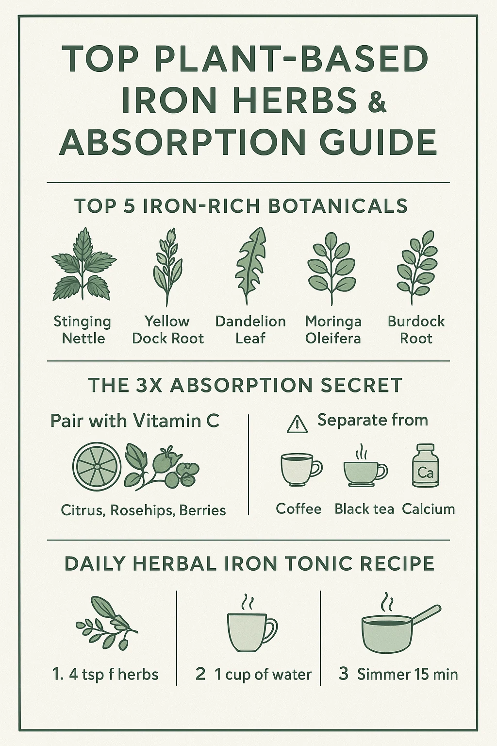 Comprehensive herbal infographic poster outlining plant-based iron herbs, vitamin C absorption rules, and daily blood-builder tea recipe