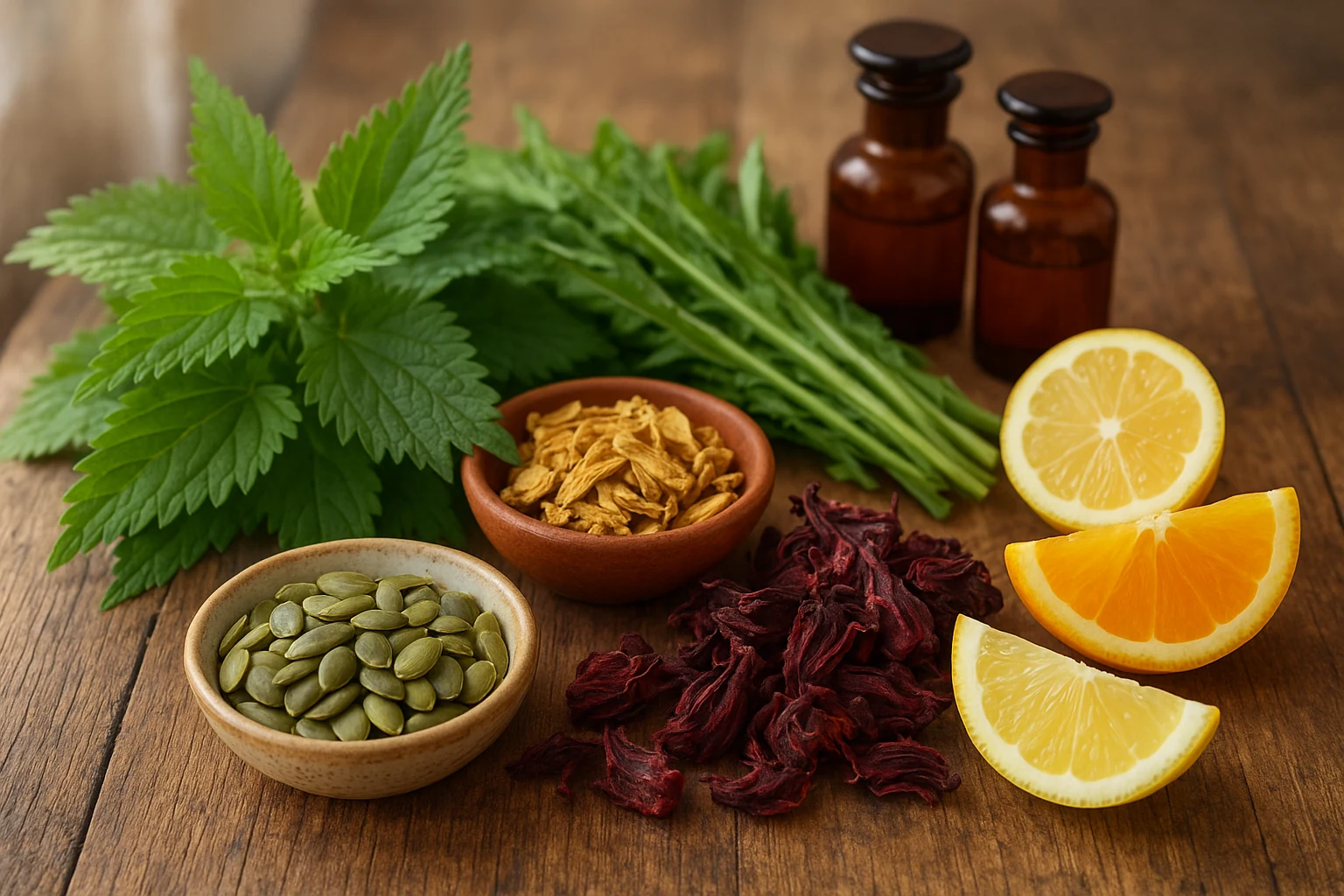 Botanical still life of iron rich herbs including stinging nettle yellow dock dandelion and citrus wedges for natural anemia recovery