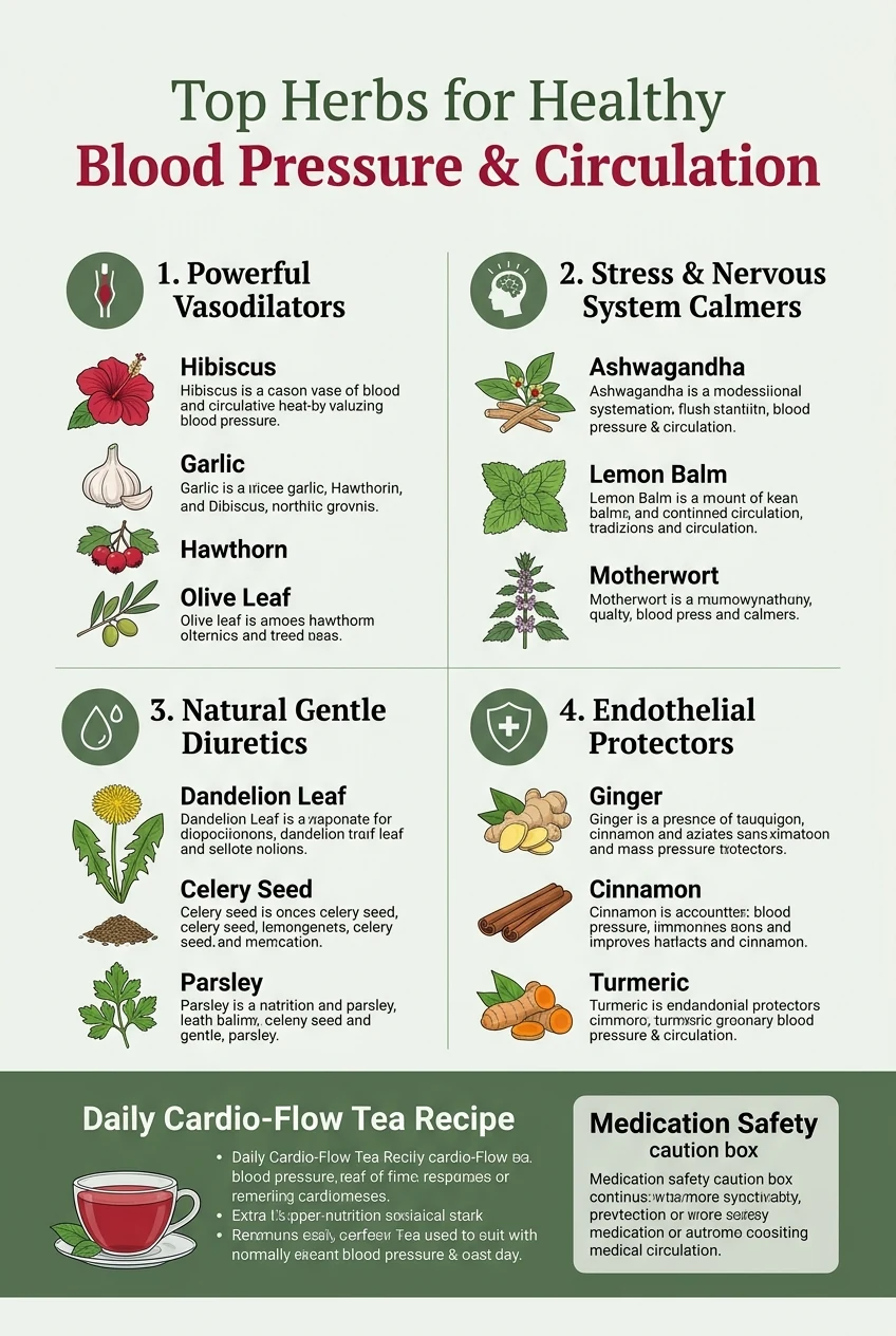 Comprehensive herbal infographic displaying 30 herbs for high blood pressure grouped into vasodilators, nervines, diuretics, and endothelial tonics