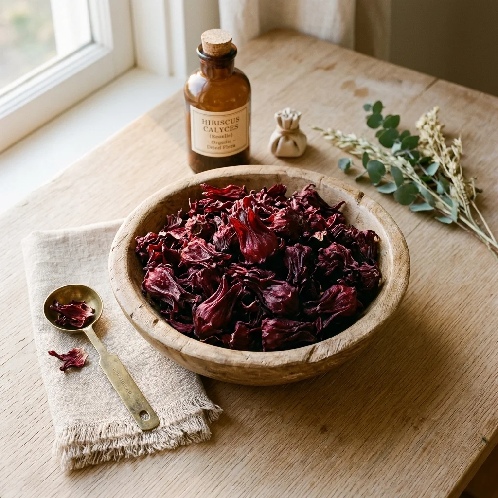 Dried red hibiscus calyces in wooden bowl for hypertension tea