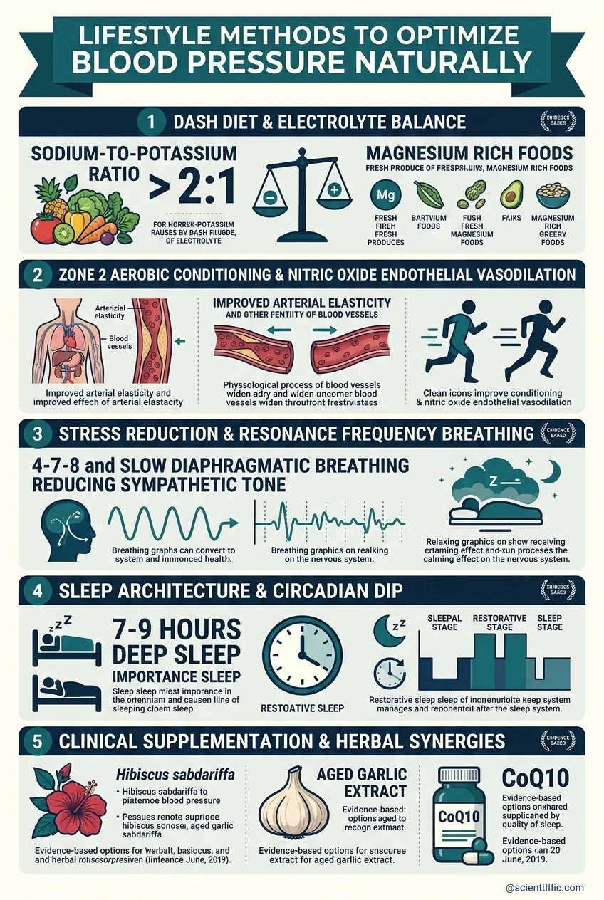 Clinical medical infographic showing 10 lifestyle methods to optimize blood pressure naturally including DASH diet electrolyte balance, Zone 2 cardio, nitric oxide vasodilation, diaphragmatic breathing, and herbal synergies
