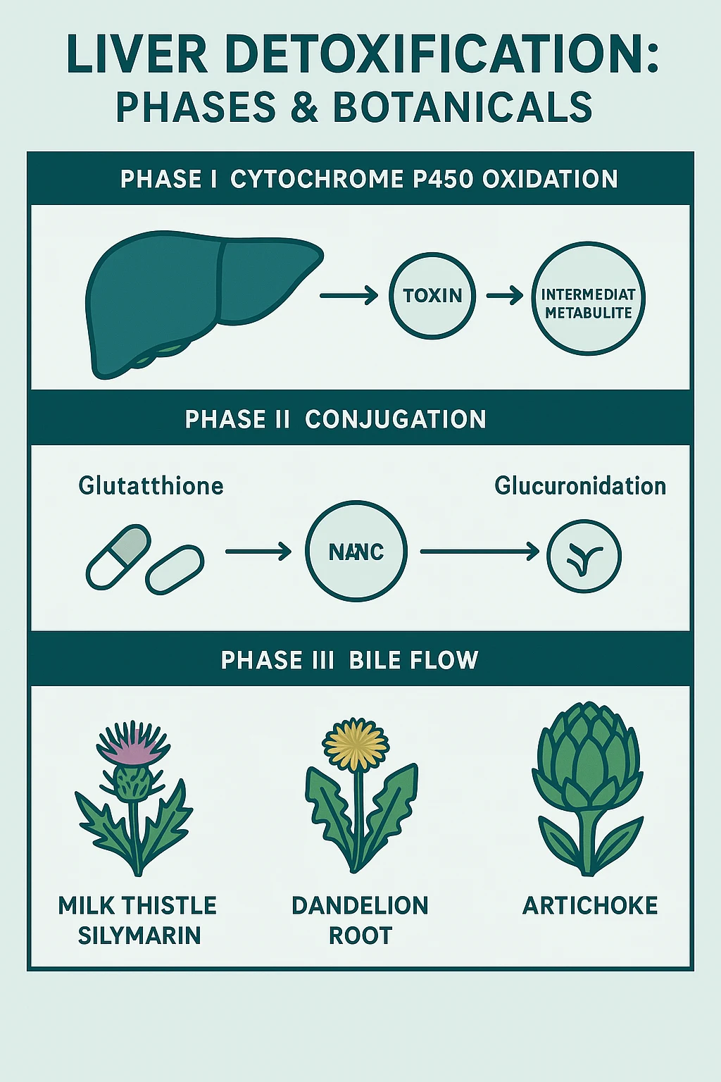 Medical scientific diagram illustrating hepatic Phase 1 and Phase 2 detoxification pathways, cytochrome P450, and glutathione conjugation
