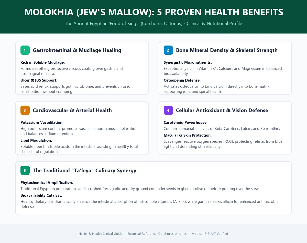 Medical infographic guide showing 5 proven health benefits of Molokhia Egyptian spinach from gut mucilage healing to bone mineral density