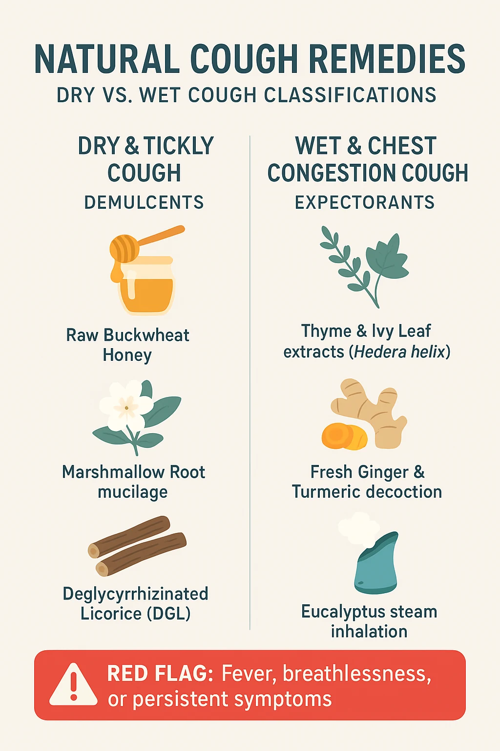 Medical scientific infographic illustrating evidence-based natural remedies for colds, flu, and respiratory cough relief with biological mechanisms