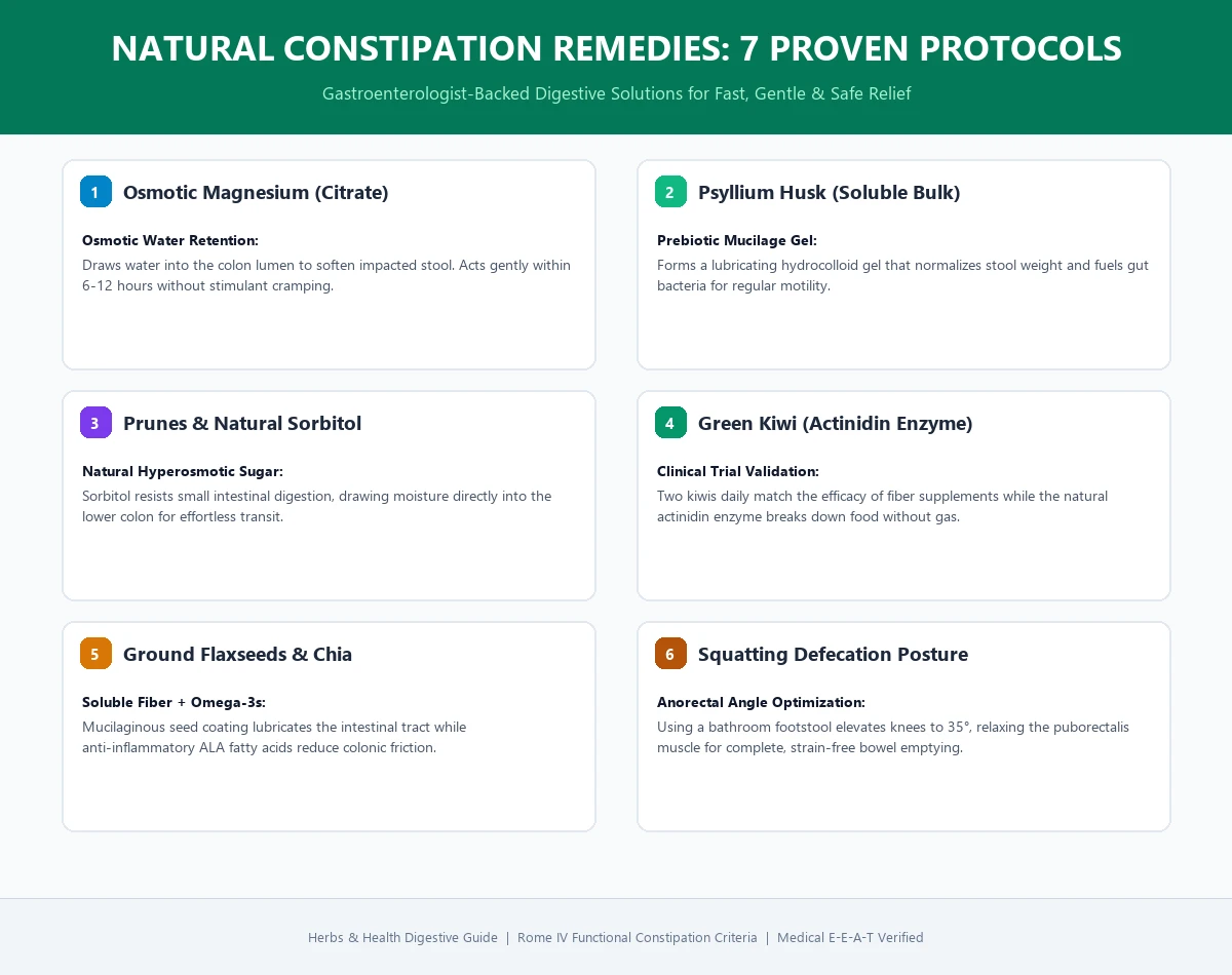 Medical infographic guide showing 7 proven natural remedies for constipation from osmotic magnesium to psyllium husk