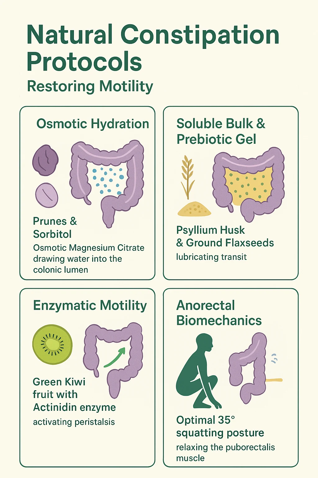 Medical infographic guide showing 7 proven natural remedies for constipation from osmotic magnesium to psyllium husk