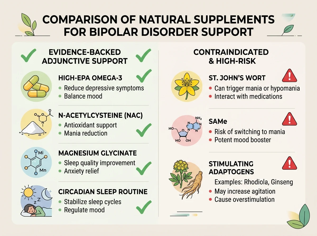 Comparison infographic of evidence-backed natural supplements vs contraindicated high risk herbs for bipolar disorder