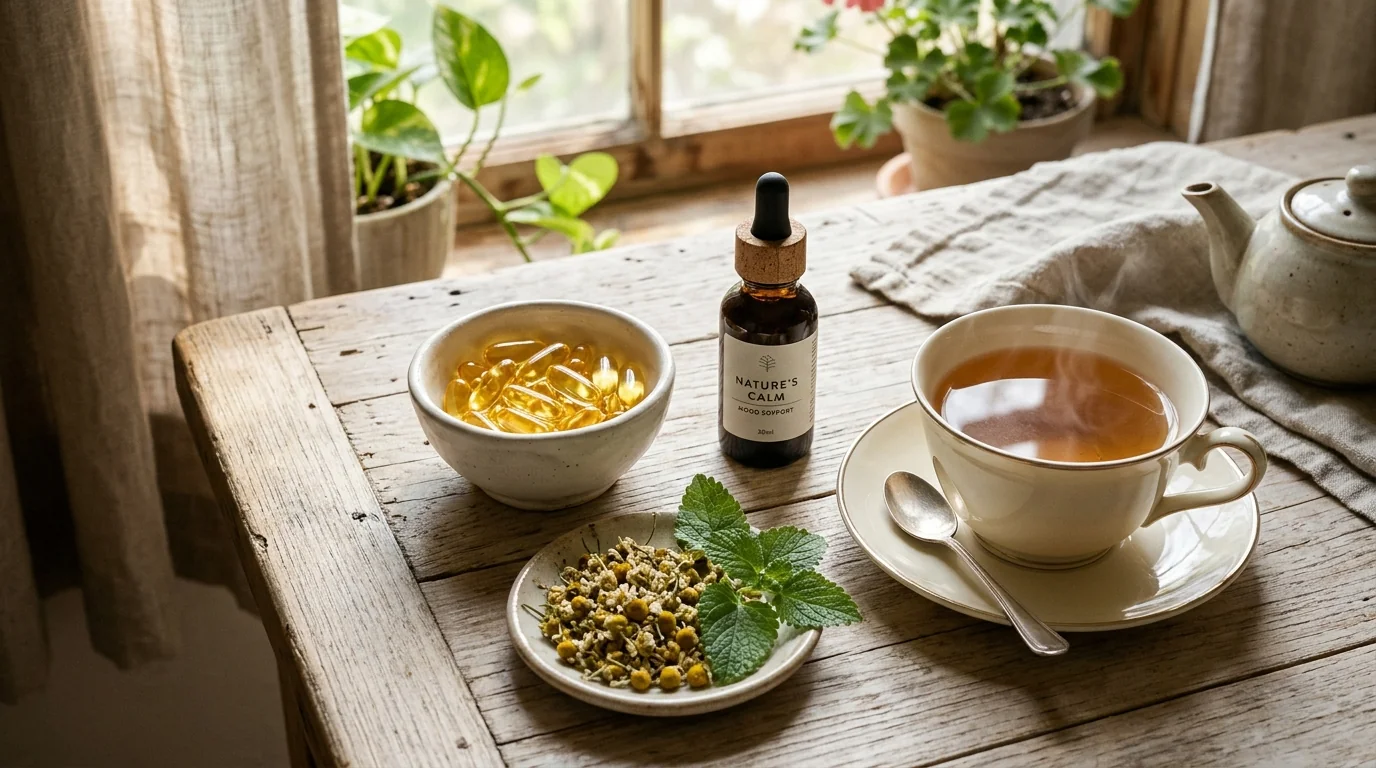 Natural complementary supplements for bipolar disorder support including omega-3 fish oil, herbal tea, and magnesium