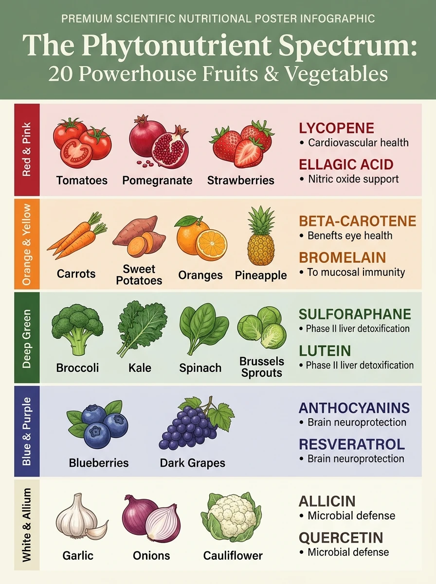 Nutritional infographic poster showing the phytonutrient spectrum of 20 fruits and vegetables from lycopene to sulforaphane