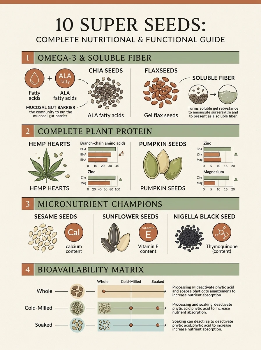 Nutritional comparison infographic of 10 super seeds showing omega-3, complete protein, minerals, and bioavailability
