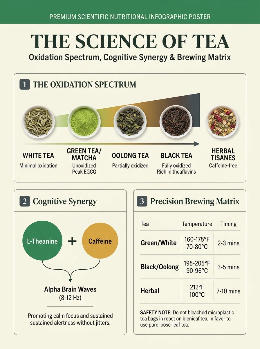 Scientific tea infographic showing the oxidation spectrum, L-theanine cognitive synergy, and precision brewing matrix