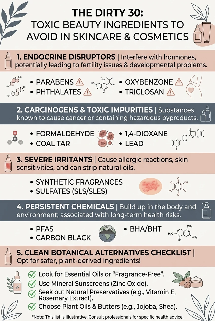 Medical scientific infographic illustrating The Dirty 30 toxic beauty ingredients in cosmetics including endocrine disruptors, carcinogens, and clean botanical alternatives